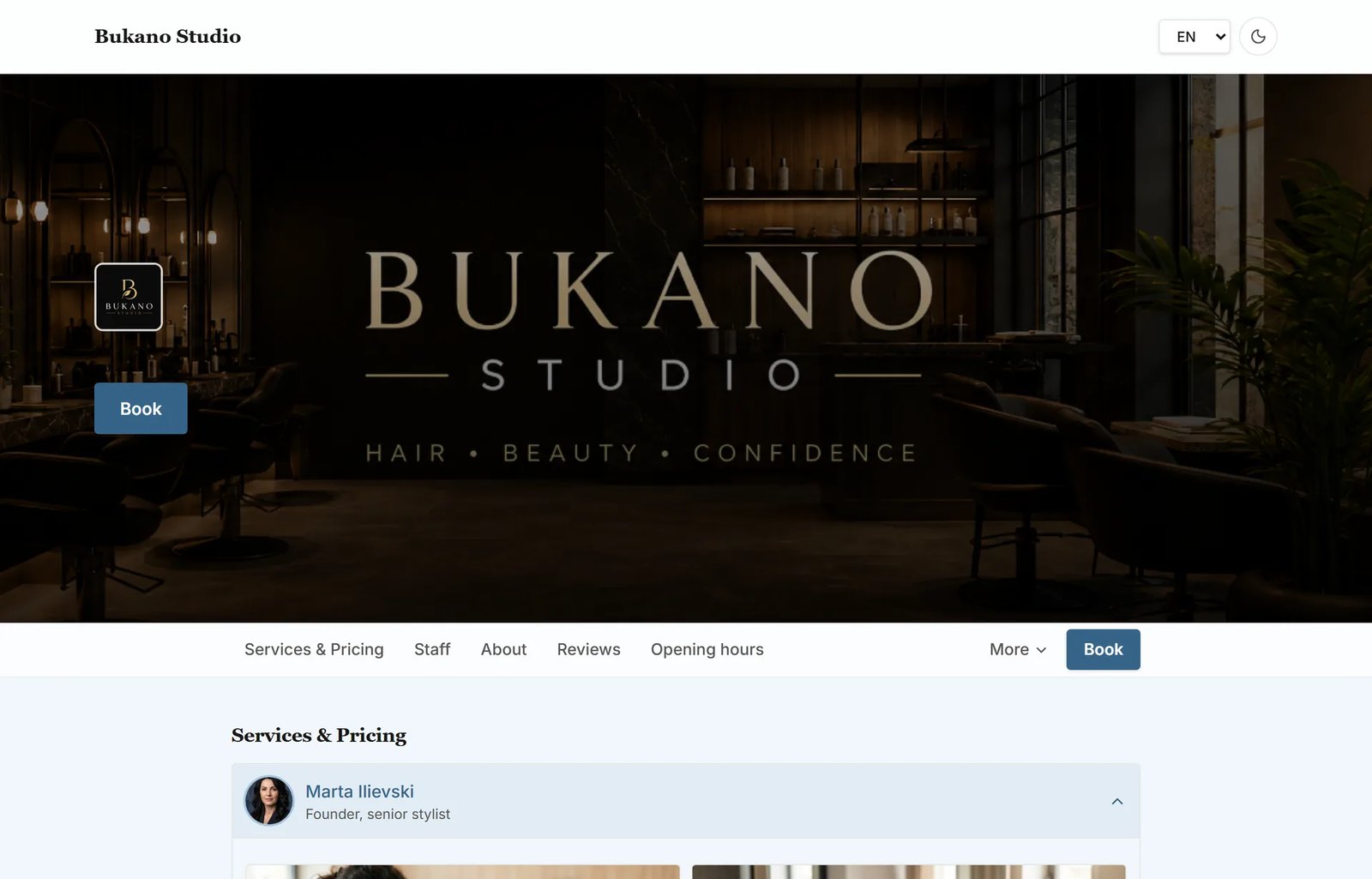 Bukano booking page for a salon, with cover photo and services