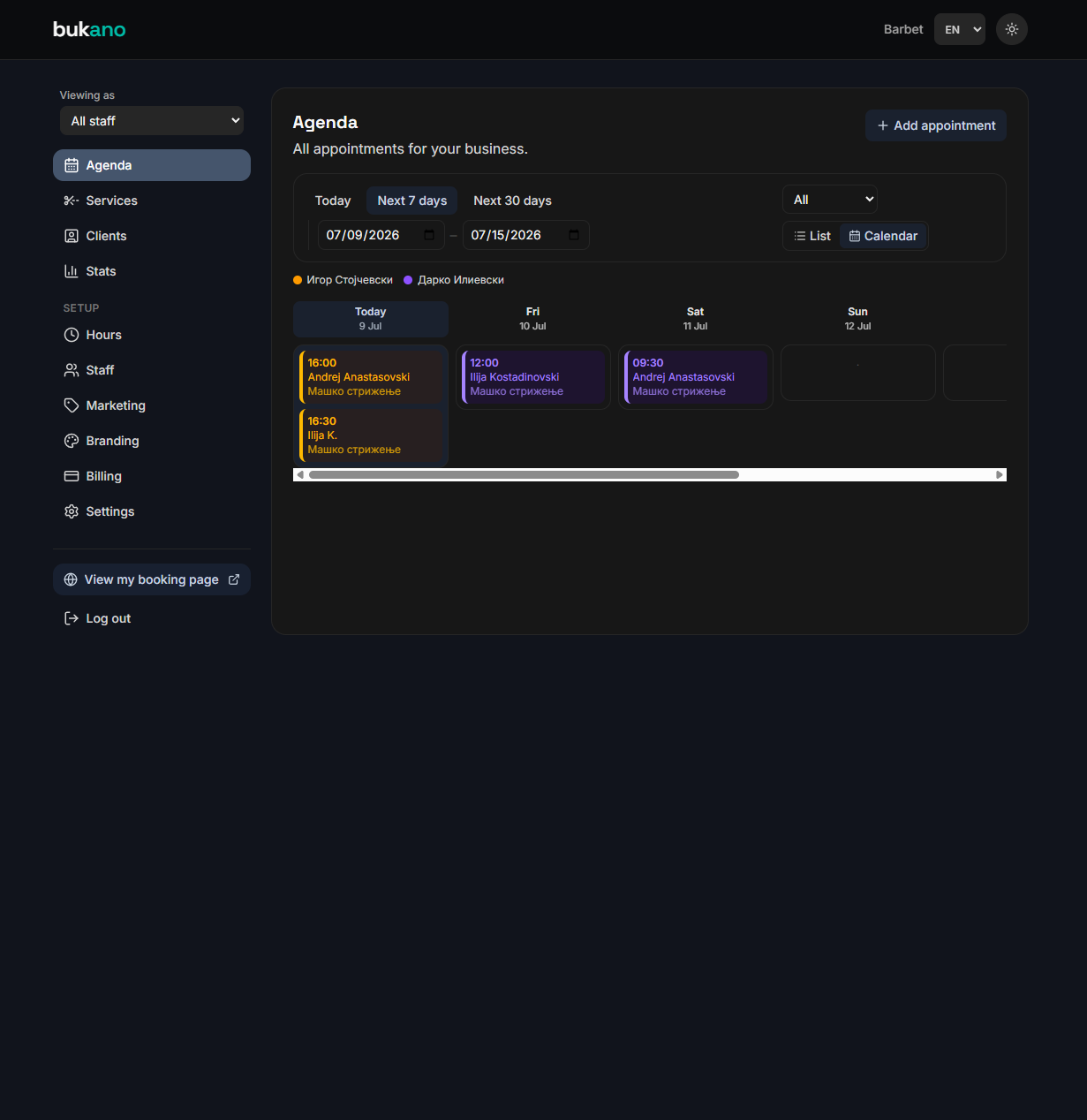 Bukano owner dashboard showing the appointment agenda
