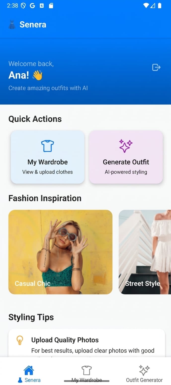 Senera home screen with wardrobe and outfit generator shortcuts